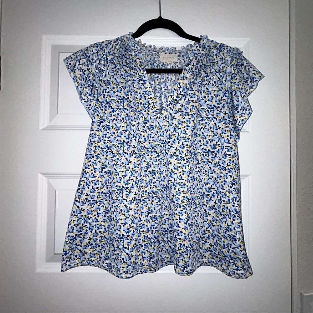 Melloday Ditsy Floral Print Ruffle Cap Sleeves Split Neckline Blouse Top